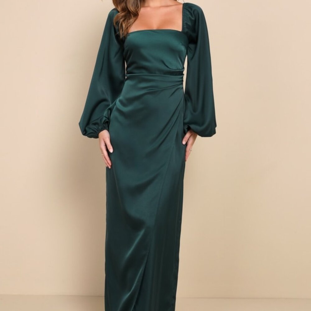 Lulus Eternal Heart Emerald Green Satin Long Sleeve Maxi Dress - Size L